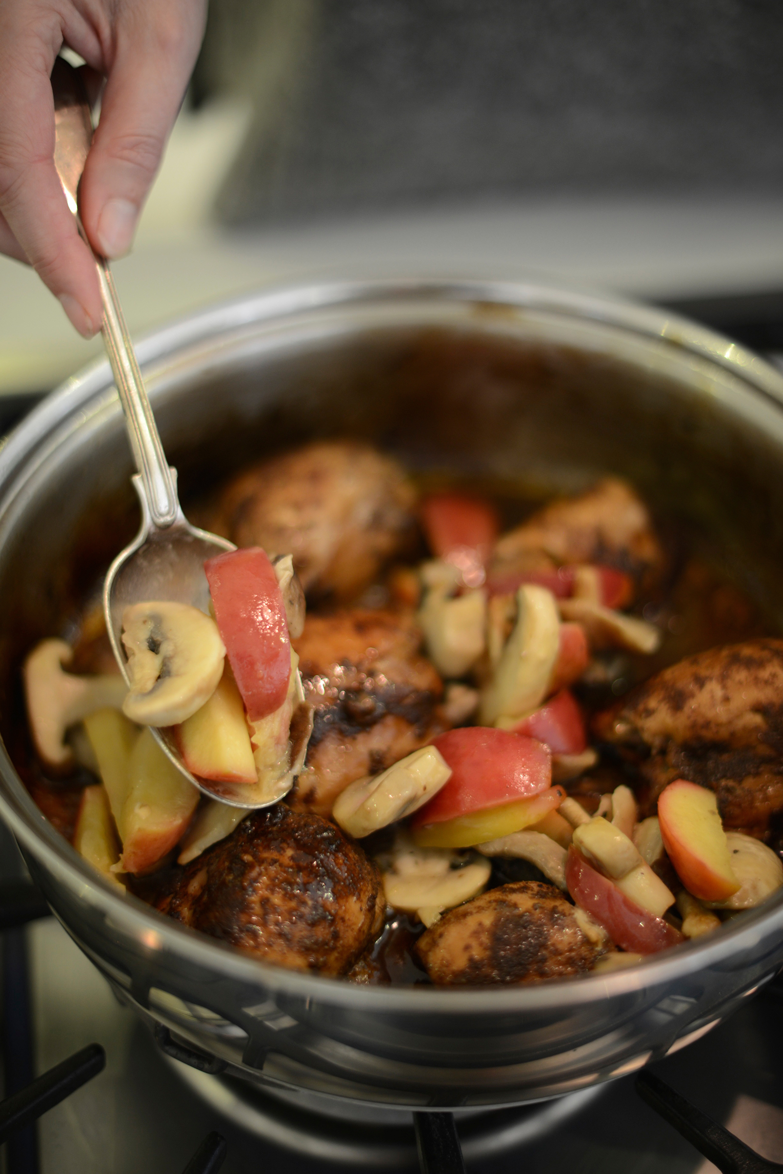 chicken in cider recipe photographed by sara delaney