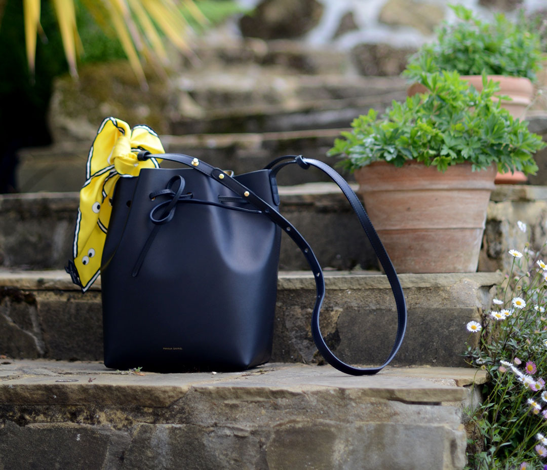 mansur gavriel bucket bag with anya hindmarch silk scarf