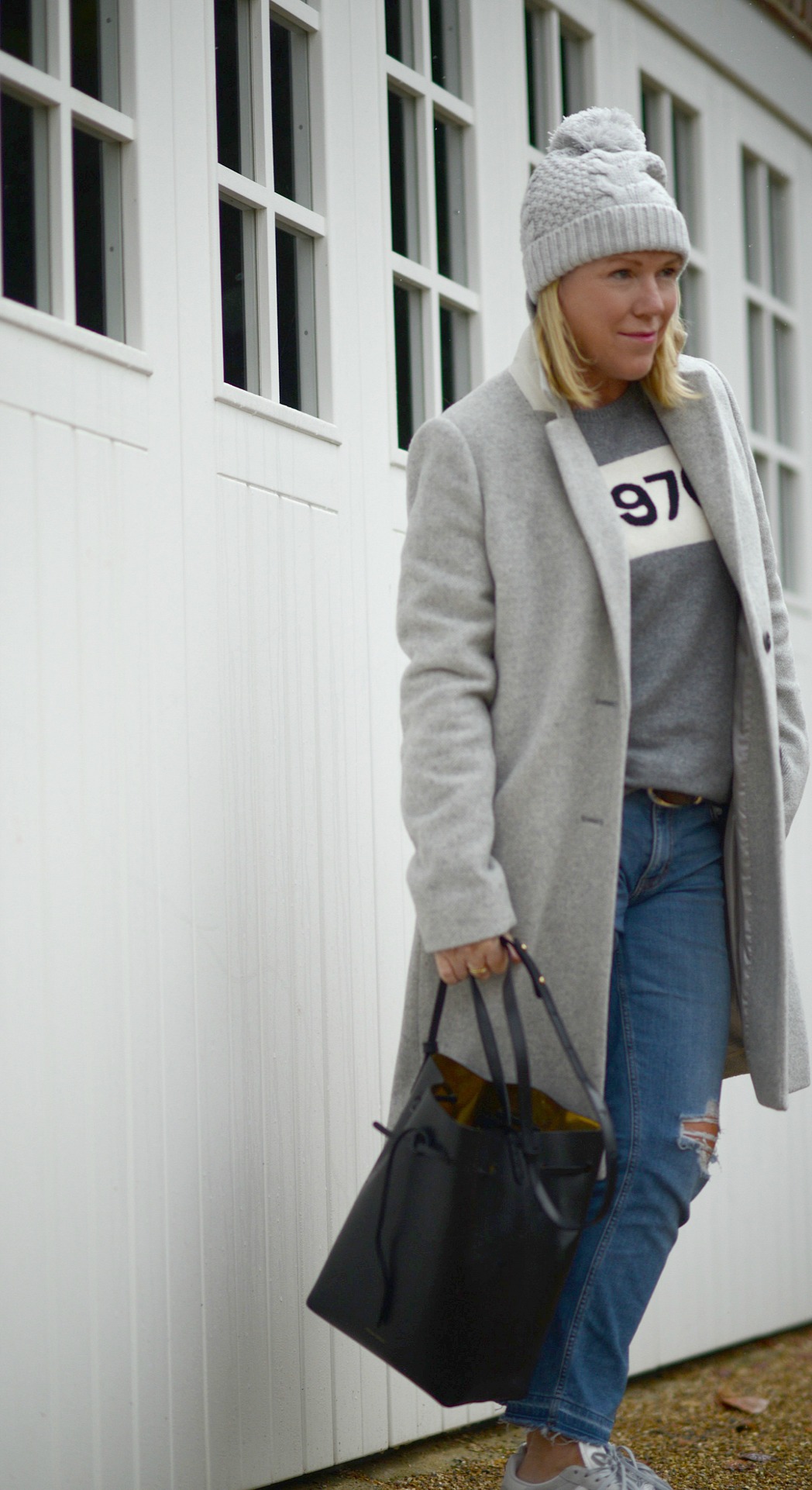 grey neutral outfit featuring The White Company coat and Bella Freud knit worn by stylist and blogger sara delaney
