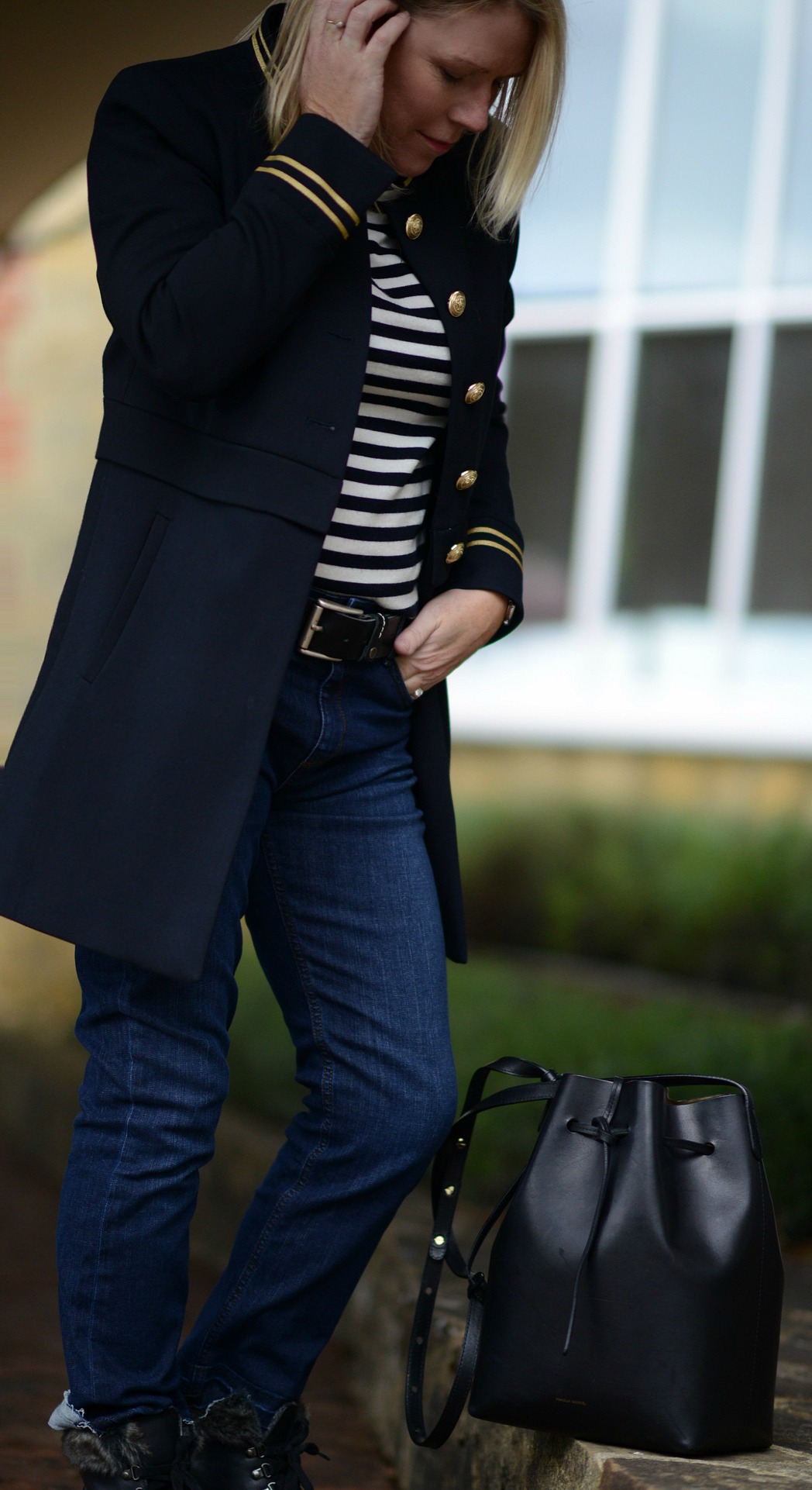 mango military trend jacket worn by stylist and blogger sara delaney