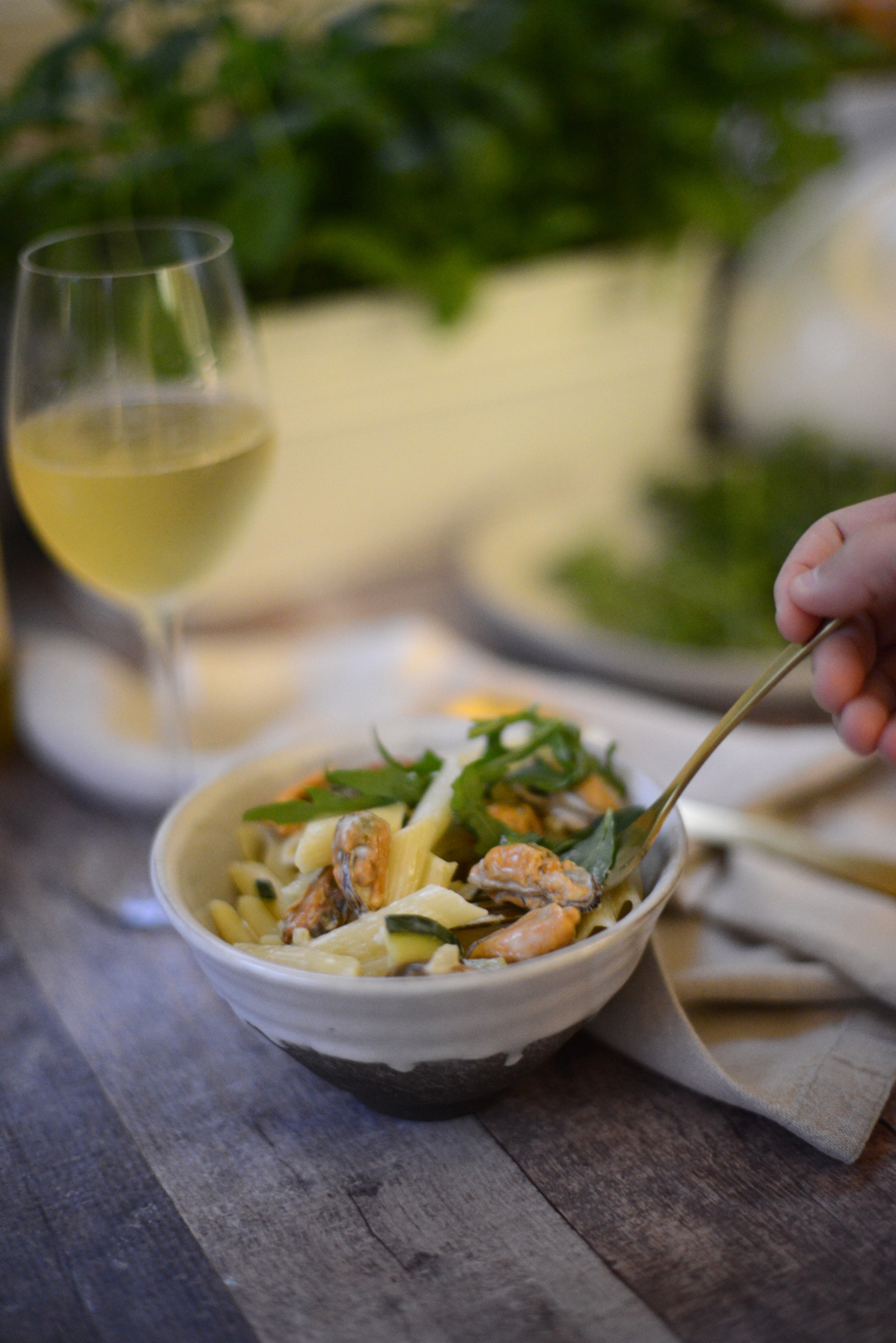 mussel and white wine penne recipe photographed by sara delaney