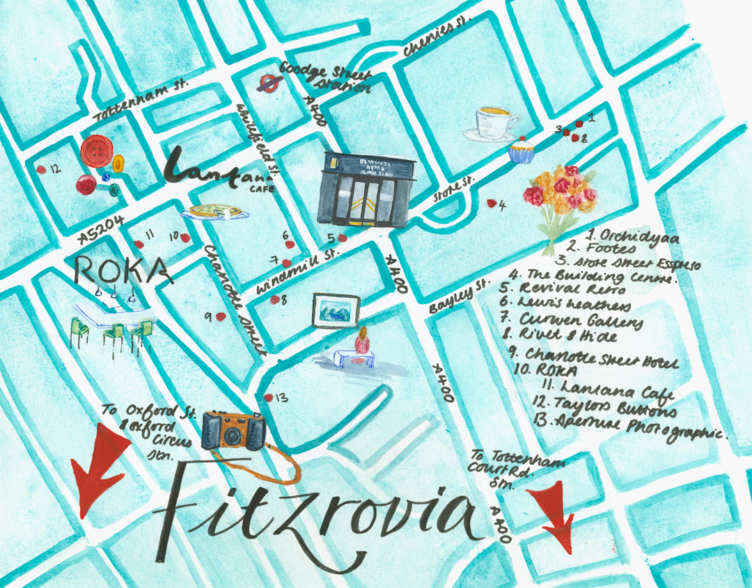 fitzrovia shopping guide illustration by cicely creswell for notes from a stylist blog