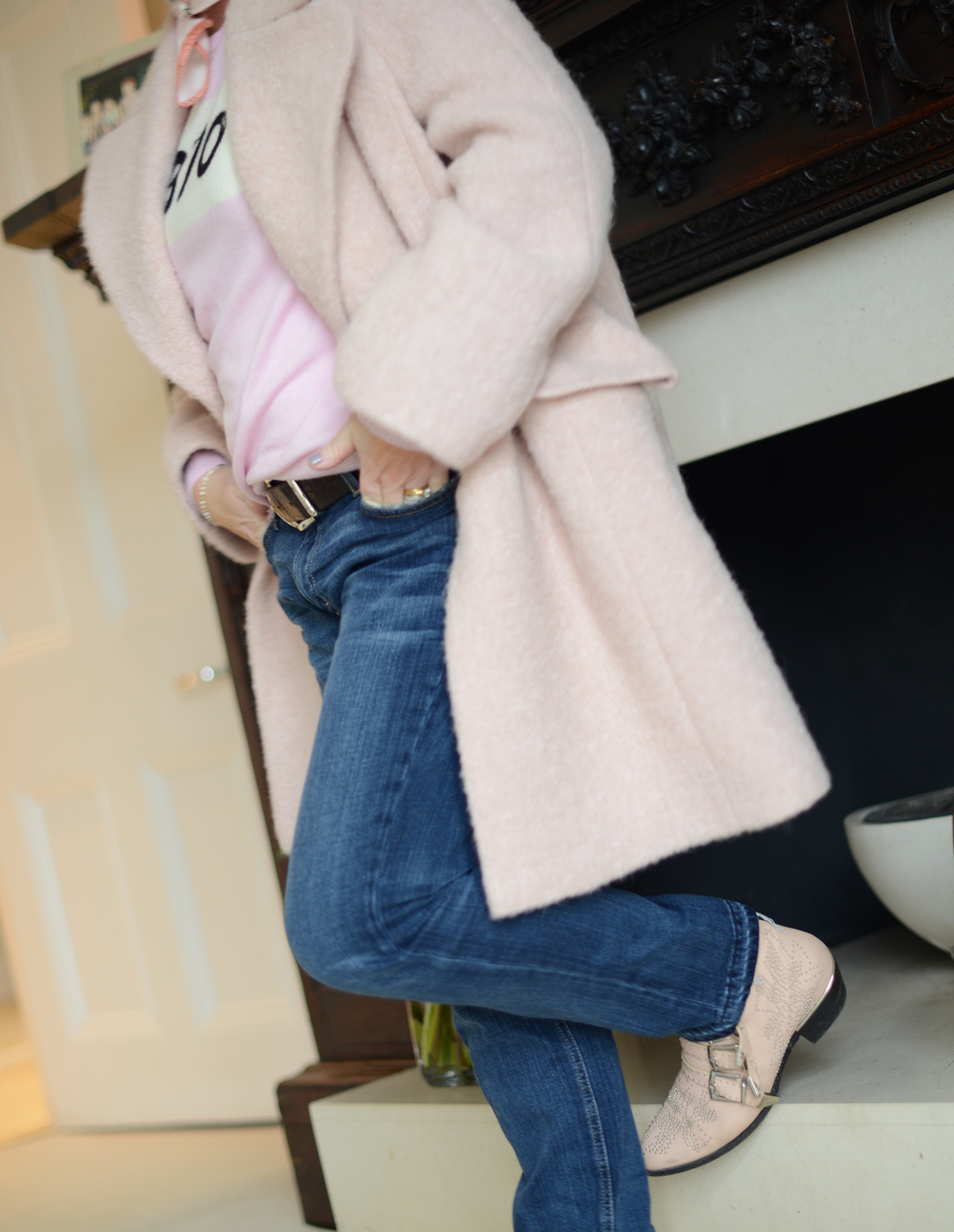 pink coat from whistles worn by stylist and fashion blogger sara delaney