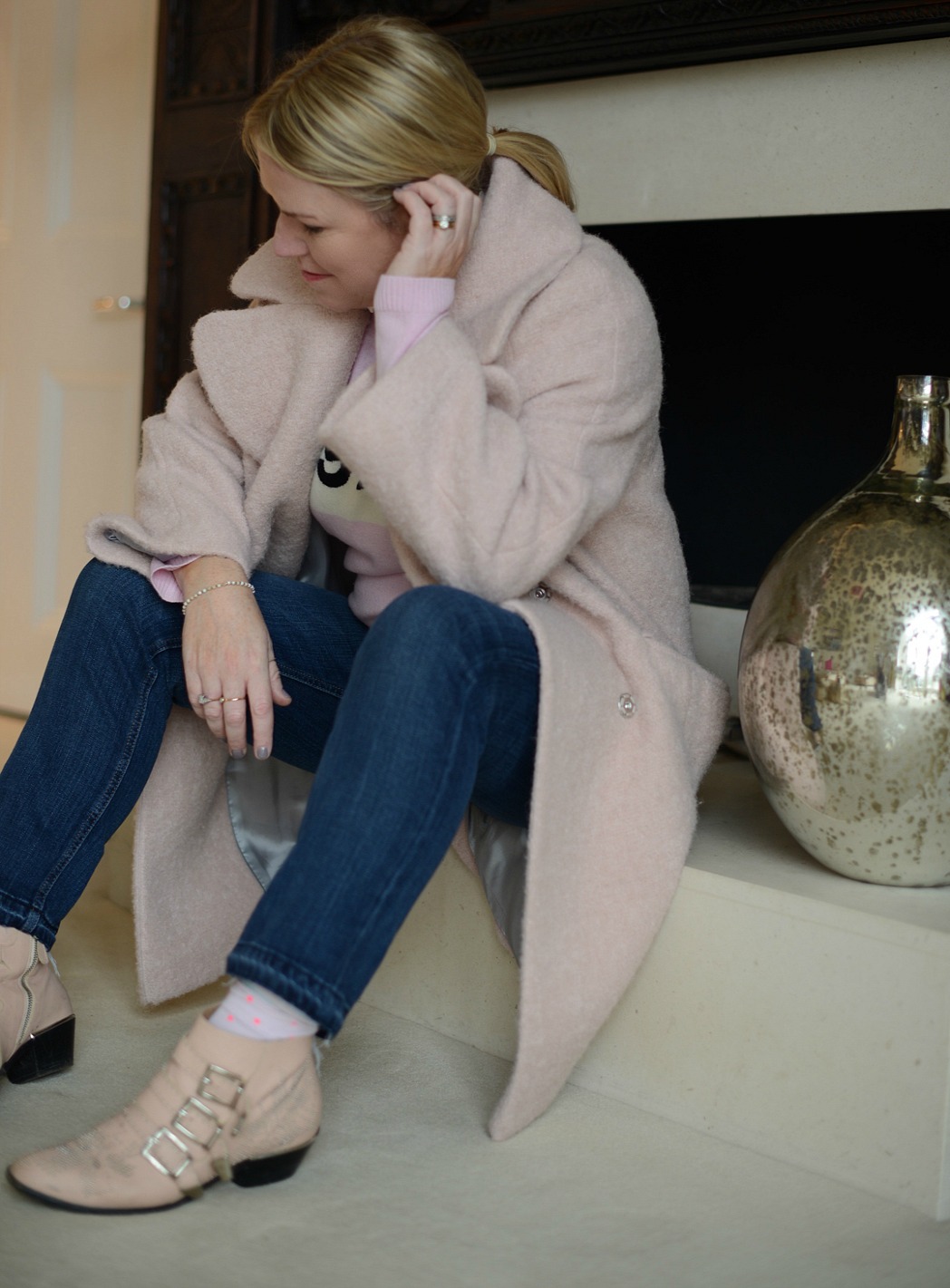 pink coat from whistles worn by stylist and fashion blogger sara delaney
